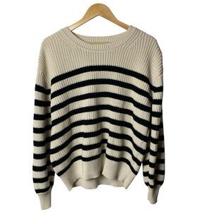 Gap Women's Chunky Cotton Striped Sweater Sz L Black White Boxy Relaxed Crewneck